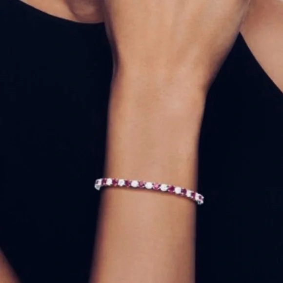 Tennis Bracelet with Simulate Ruby Gemstones and CZ Diamonds 14K Gold/Sterling - Picture 2 of 11